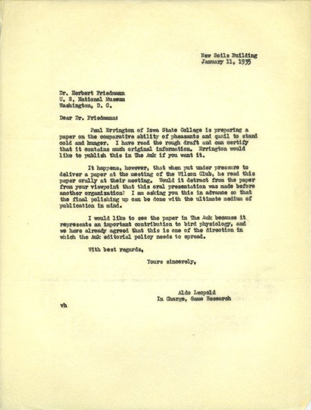 Aldo Leopold letter to Friedmann, January 11, 1935