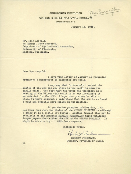 Letter from Friedmann to Aldo Leopold, January 16, 1935