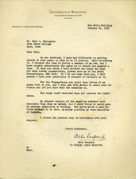 Aldo Leopold letter to Paul Errington, January 21, 1935