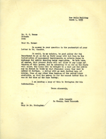 Aldo Leopold letter to Boone, March 1, 1935