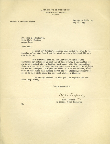 Aldo Leopold letter to Paul Errington, May 6, 1935
