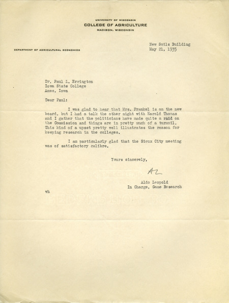 Aldo Leopold letter to Paul Errington, May 21, 1935