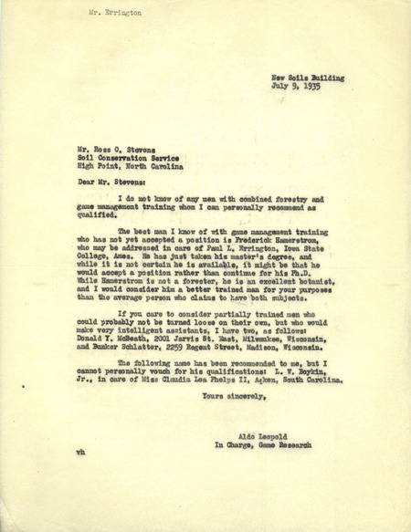 Aldo Leopold letter to Stevens, July 9, 1935