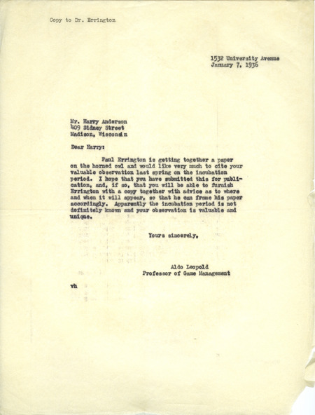 Aldo Leopold letter to Anderson, January 7, 1936