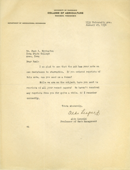 Aldo Leopold letter to Paul Errington, January 29, 1936