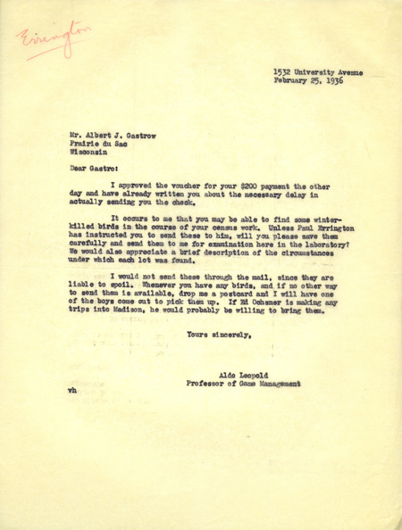 Aldo Leopold letter to Gastrow, February 25, 1936