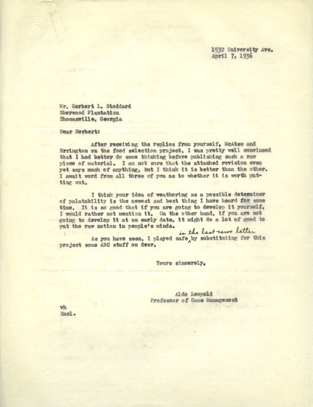 Aldo Leopold letter to Stoddard, April 7, 1936