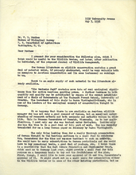 Aldo Leopold letter to McAtee, May 7, 1936
