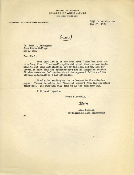 Aldo Leopold letter to Paul Errington, May 25, 1936