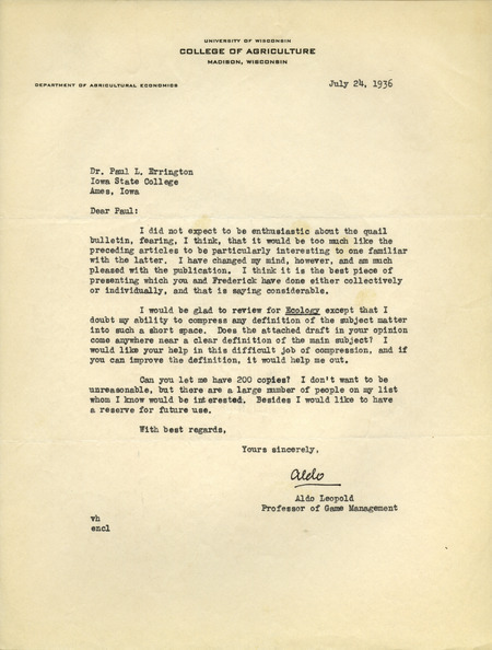 Aldo Leopold letter to Paul Errington, July 24, 1936