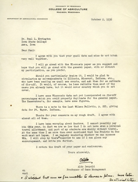 Aldo Leopold letter to Paul Errington, October 2, 1936