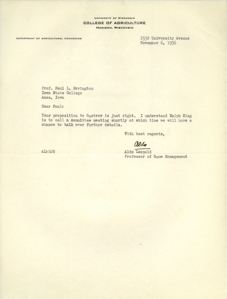Aldo Leopold letter to Paul Errington, November 6, 1936