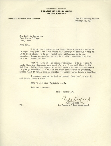 Aldo Leopold letter to Paul Errington, January 13, 1937