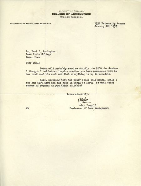 Aldo Leopold letter to Paul Errington, January 28, 1937