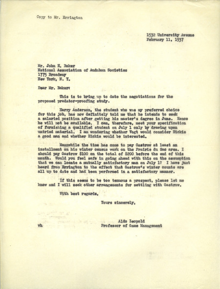 Aldo Leopold letter to Baker, February 11, 1937