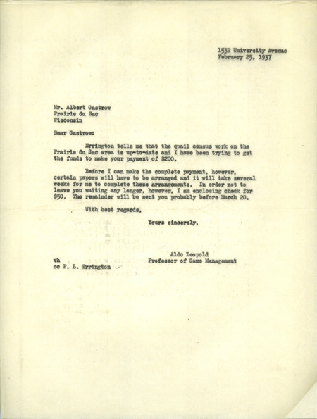 Aldo Leopold letter to Gastrow, February 25, 1937