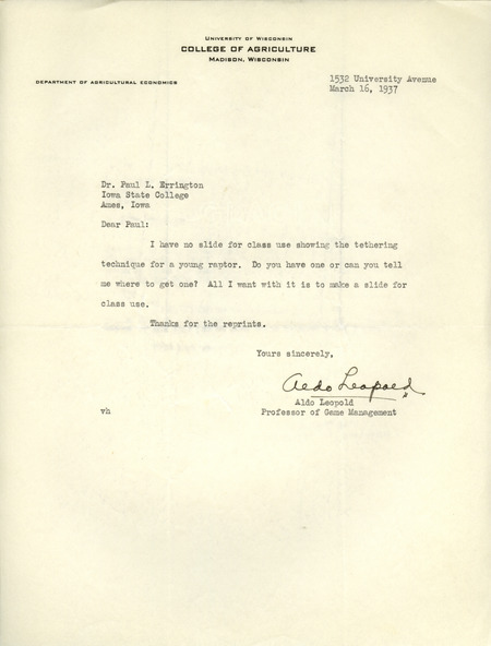 Aldo Leopold letter to Paul Errington, March 16, 1937