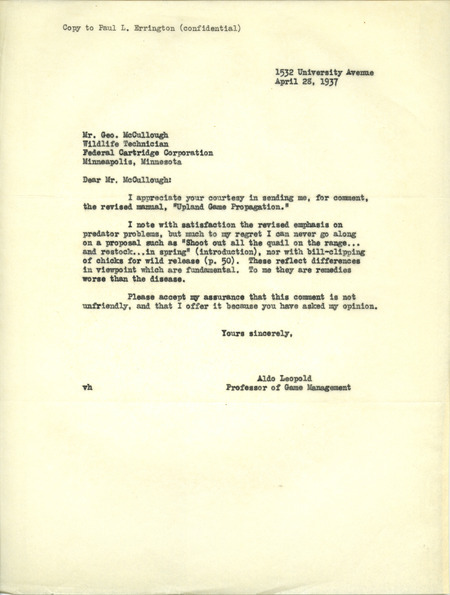 Aldo Leopold letter to McCullough, April 28, 1937