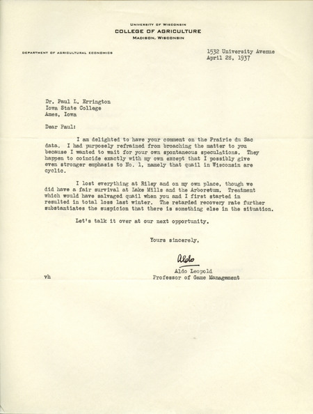 Aldo Leopold letter to Paul Errington, April 28, 1937