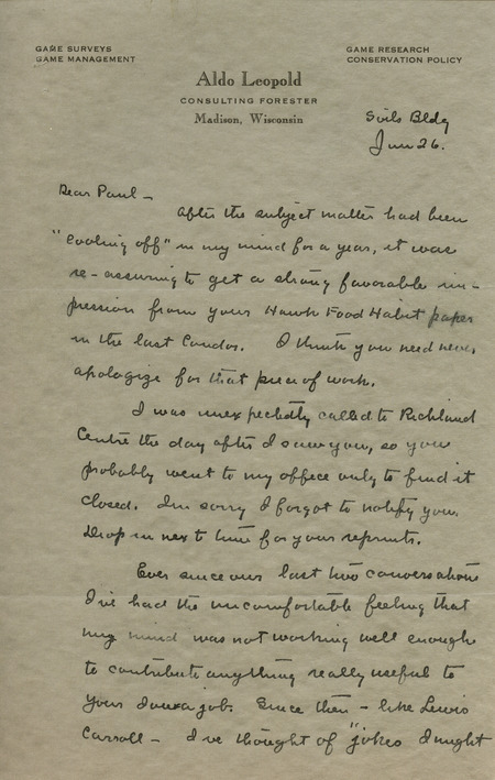 Aldo Leopold letter to Paul Errington, June 26, 1937