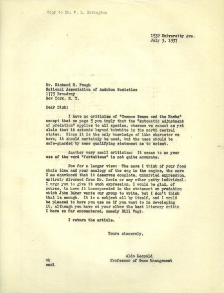 Aldo Leopold letter to Pough, July 3, 1937
