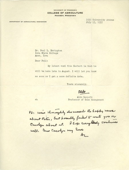 Aldo Leopold letter to Paul Errington, July 13, 1937