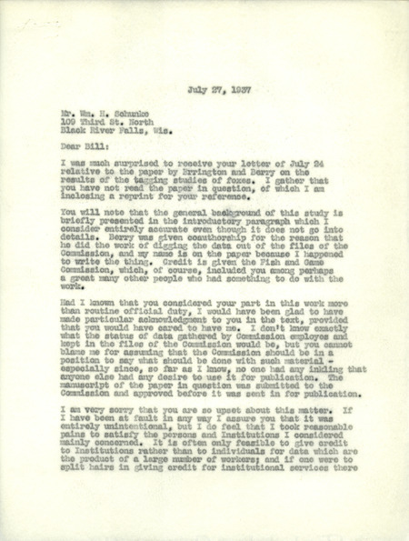 Paul Errington letter to Schunke, July 27, 1937
