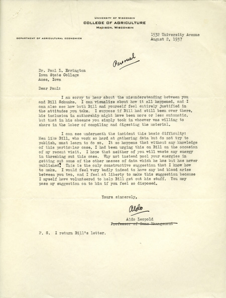 Aldo Leopold letter to Paul Errington, August 2, 1937