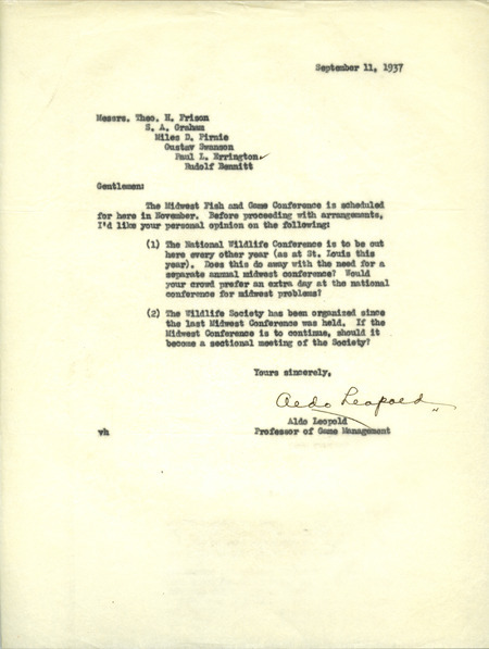 Aldo Leopold letter to Paul Errington, September 11, 1937