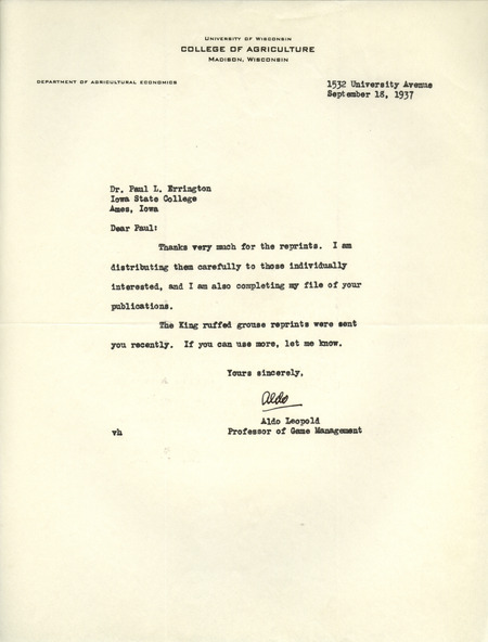 Aldo Leopold letter to Paul Errington, September 18, 1937