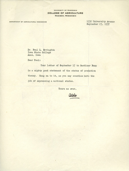 Aldo Leopold letter to Paul Errington, September 23, 1937