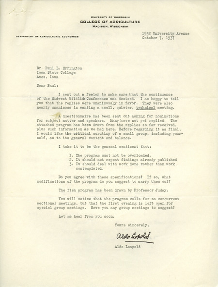 Aldo Leopold letter to Paul Errington, October 7, 1937