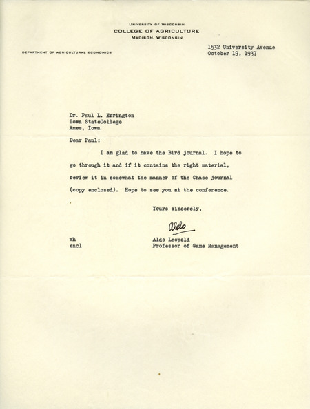 Aldo Leopold letter to Paul Errington, October 19, 1937