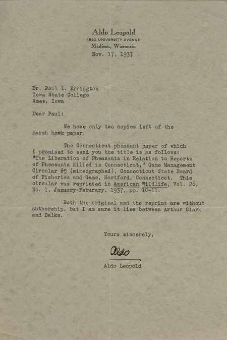 Aldo Leopold letter to Paul Errington, November 17, 1937