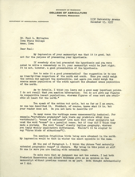 Aldo Leopold letter to Paul Errington, December 15, 1937