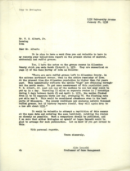 Aldo Leopold letter to Albert, January 20, 1938