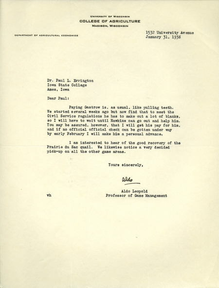 Aldo Leopold letter to Paul Errington, January 31, 1938