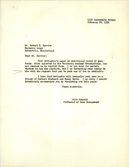 Aldo Leopold letter to Carrier, February 26, 1938