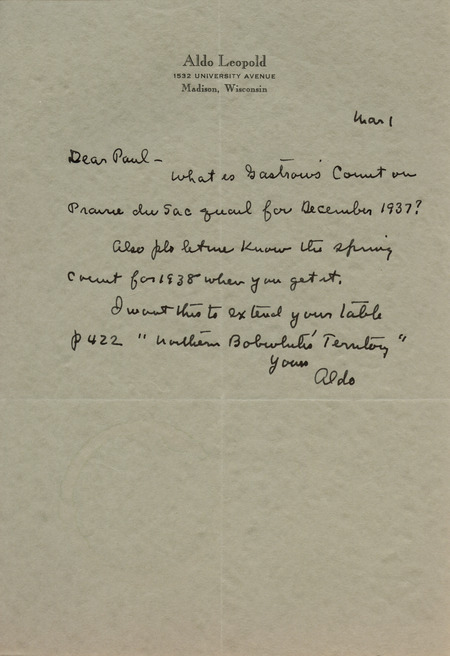 Aldo Leopold letter to Paul Errington, March 1, 1938
