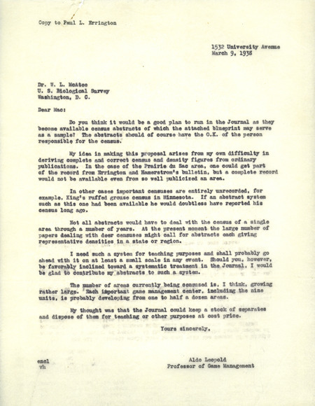 Aldo Leopold letter to McAtee, March 9, 1938