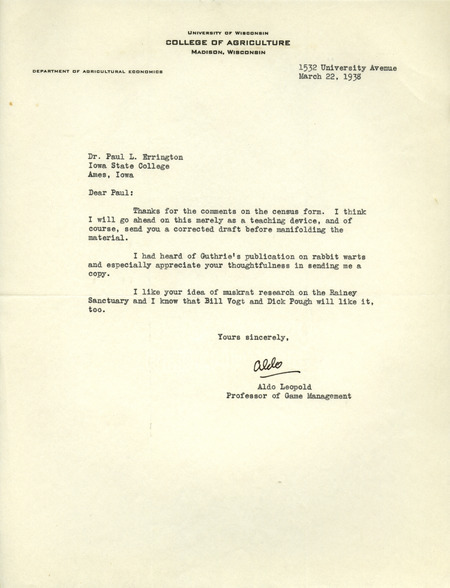 Aldo Leopold letter to Paul Errington, March 22, 1938