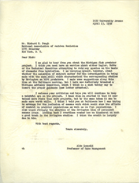 Aldo Leopold letter to Pough, April 13, 1938