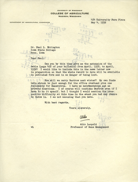 Aldo Leopold letter to Paul Errington, May 4, 1938