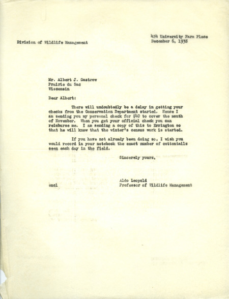 Aldo Leopold letter to Gastrow, December 6, 1938