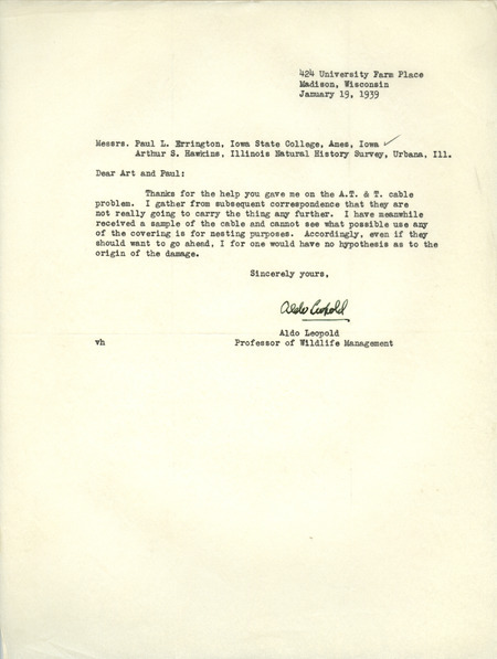 Aldo Leopold letter to Paul Errington, January 19, 1939