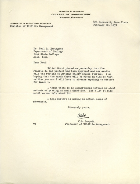 Aldo Leopold letter to Paul Errington, February 28, 1939