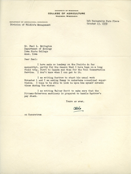 Aldo Leopold letter to Paul Errington, October 13, 1939