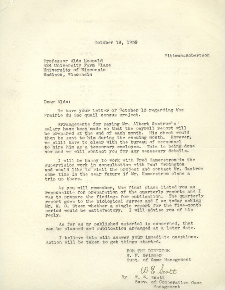 Letter from Scott to Aldo Leopold, October 19, 1939