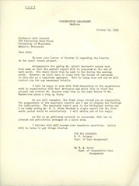 Letter from Scott to Aldo Leopold, October 19, 1939 copy