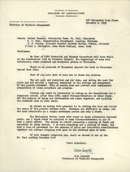 Aldo Leopold letter to Paul Errington, November 2, 1939